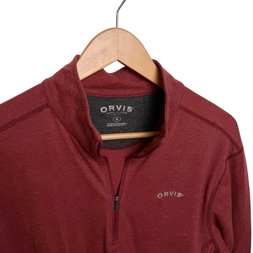 Orvis Mens Quarter Zip Pullover M Red Heather Long Sleeve Lightweight Active